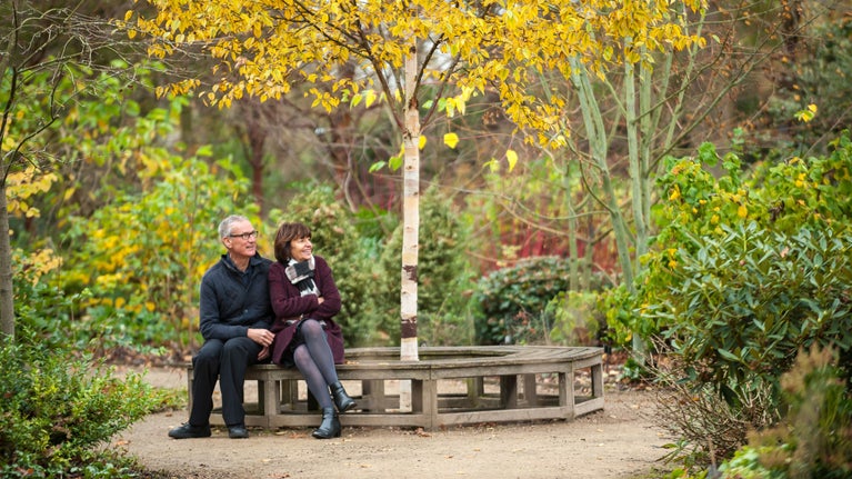 Visitors sitting on a bench under a tree in the garden at Dunham Massey, Cheshire.